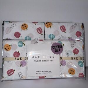 New Rae Dunn 4 Piece Queen Sheet Set Halloween Boo Pumpkins Print Multi Pastels